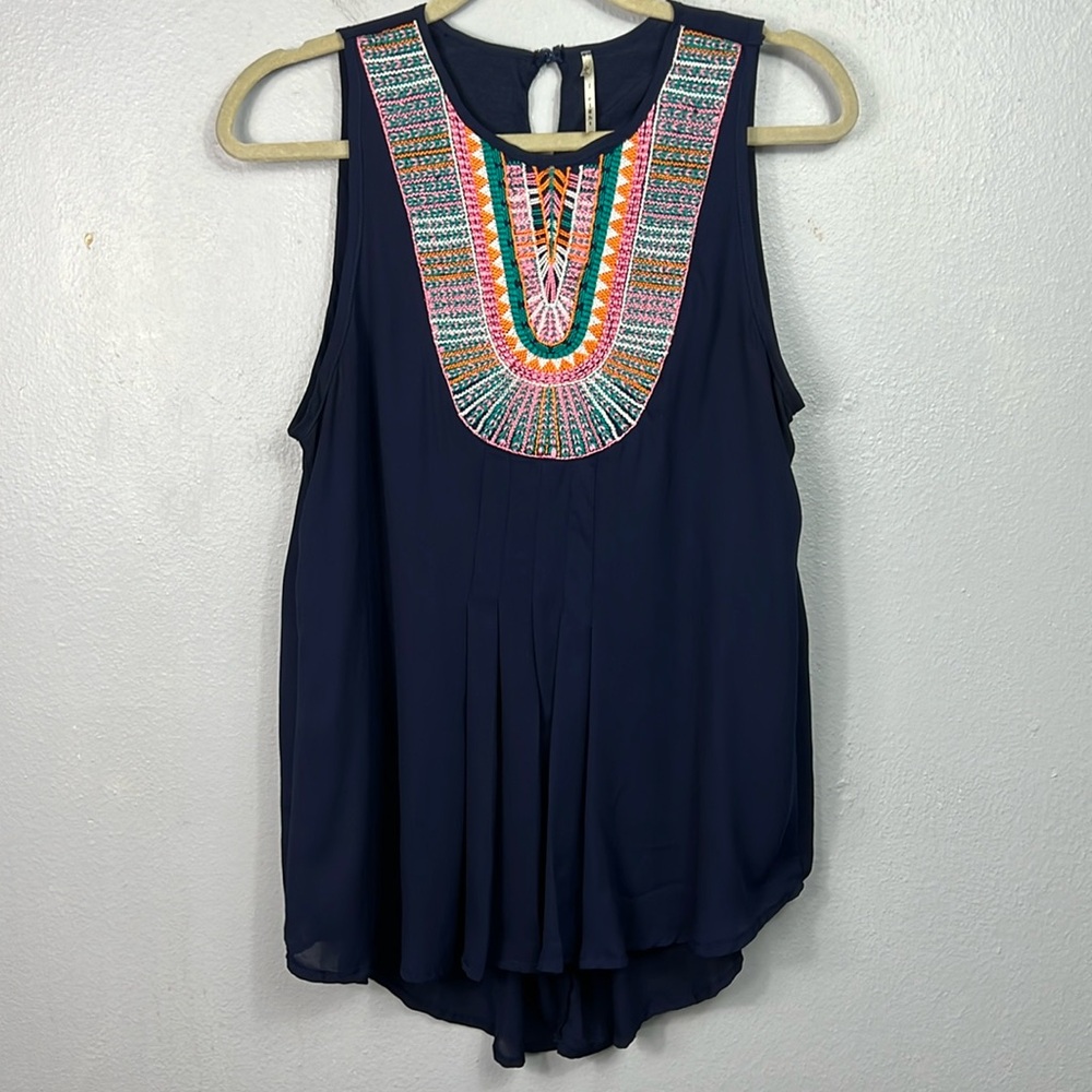 Nine 1 Eight Navy Blue Embroidered Sleeveless Top Large